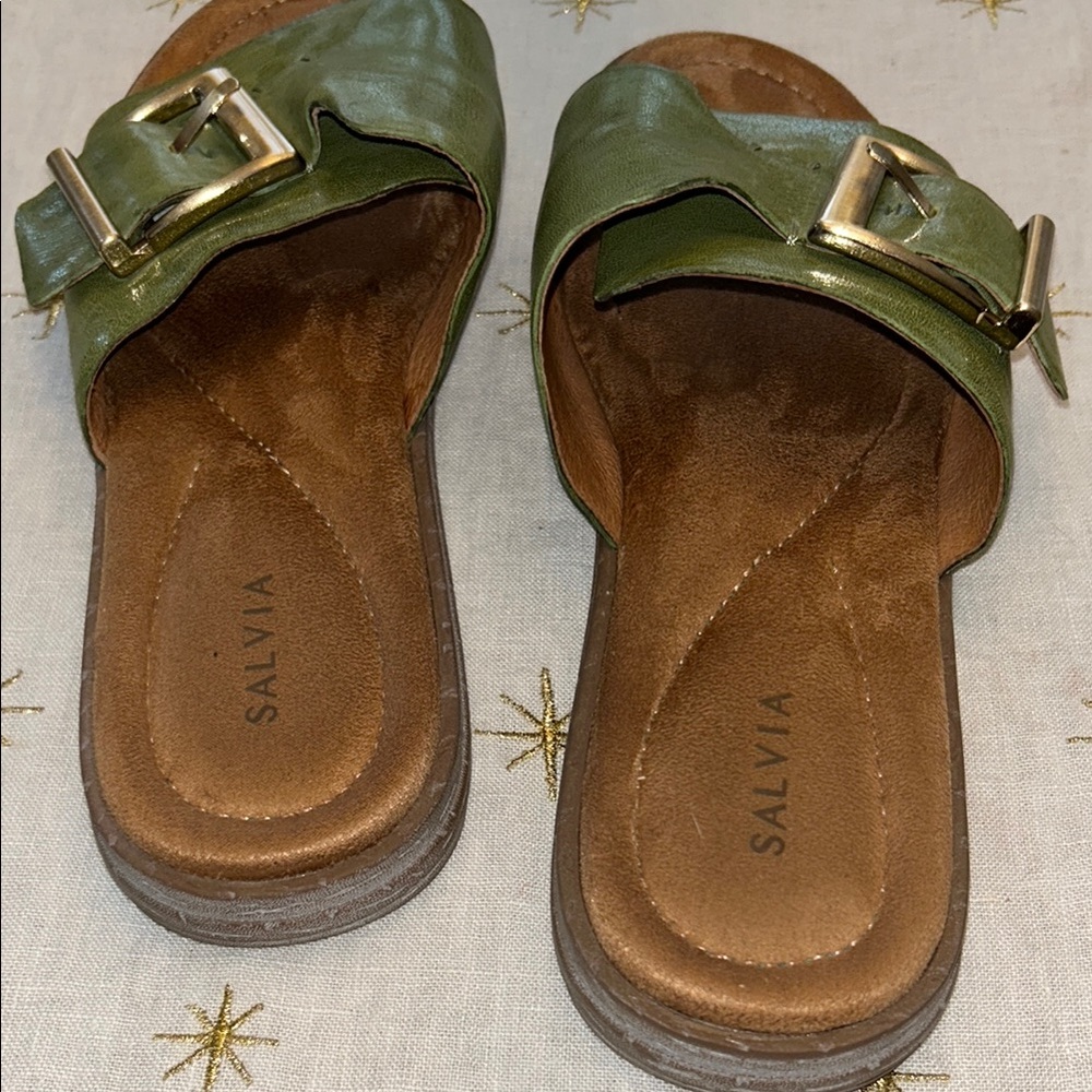 Green Suede Slide Sandals with Buckle - Picture 4 of 5